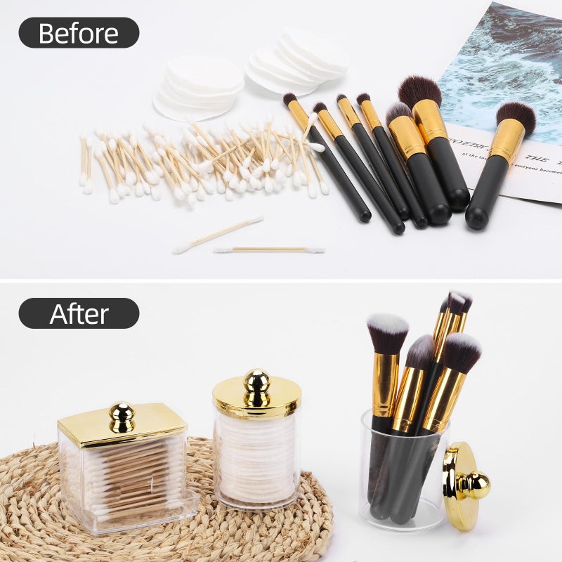 Tbestmax 10oz Cotton Ball Holder 7oz Qtips Dispenser, Bathroom Container Organizer for Storage Cotton Swabs, Pads - Apothecary Jar with Gold Lids - Image 4